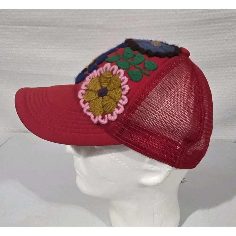 Mexican Hand Embroidered Floral Trucker Hat Chiapas Oaxaca Folk Art Adjustable